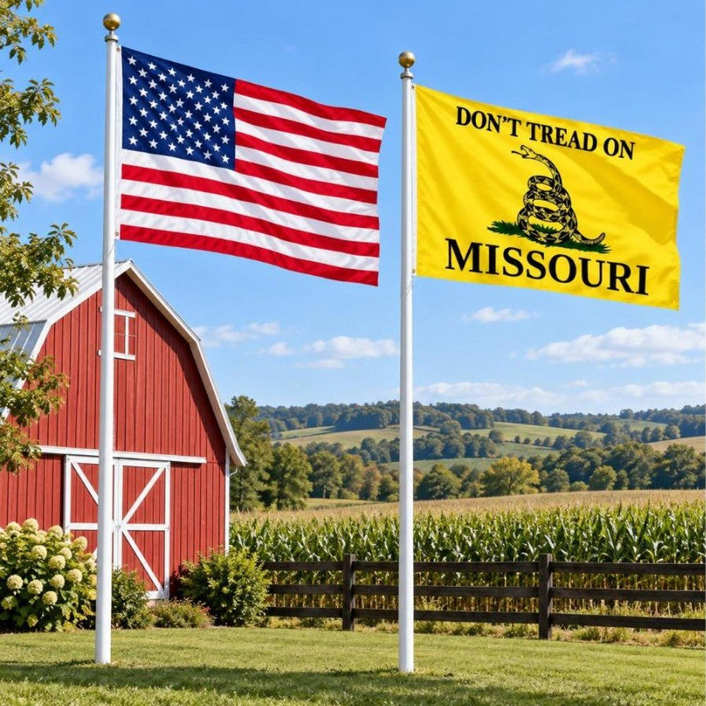 American flag and Don't Tread on Missouri flag flying side by side outdoors
