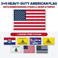 3x5 heavy-duty American flag with embroidered stars and sewn stripes plus choice of 1 free 3x5 flag – Missouri