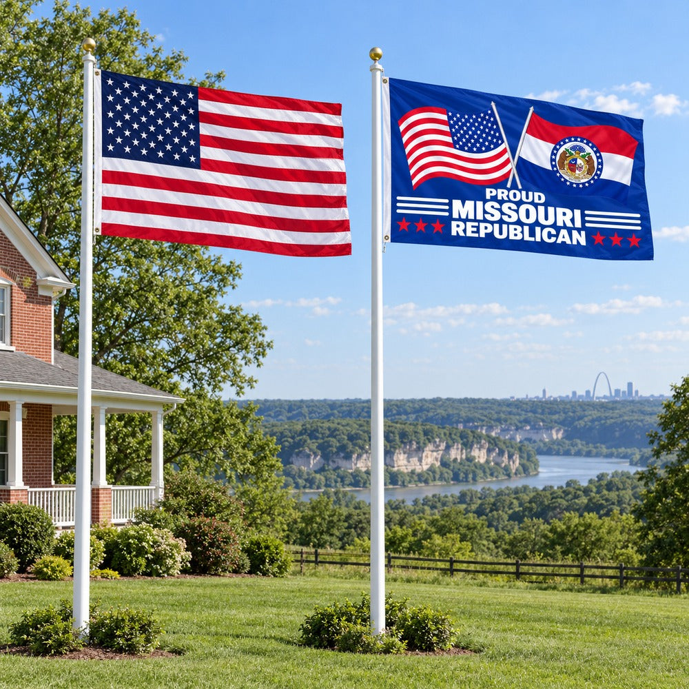 American flag and Proud Missouri Republican flag flying side by side outdoors