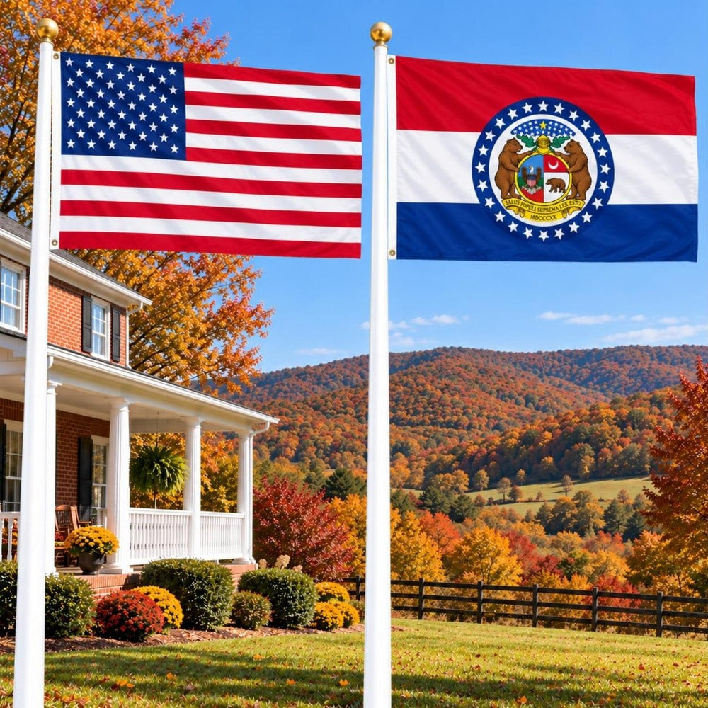 American flag and Missouri State Flag flying side by side outdoors