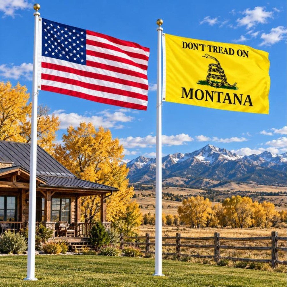 American flag and Don't Tread on Montana flag flying side by side outdoors