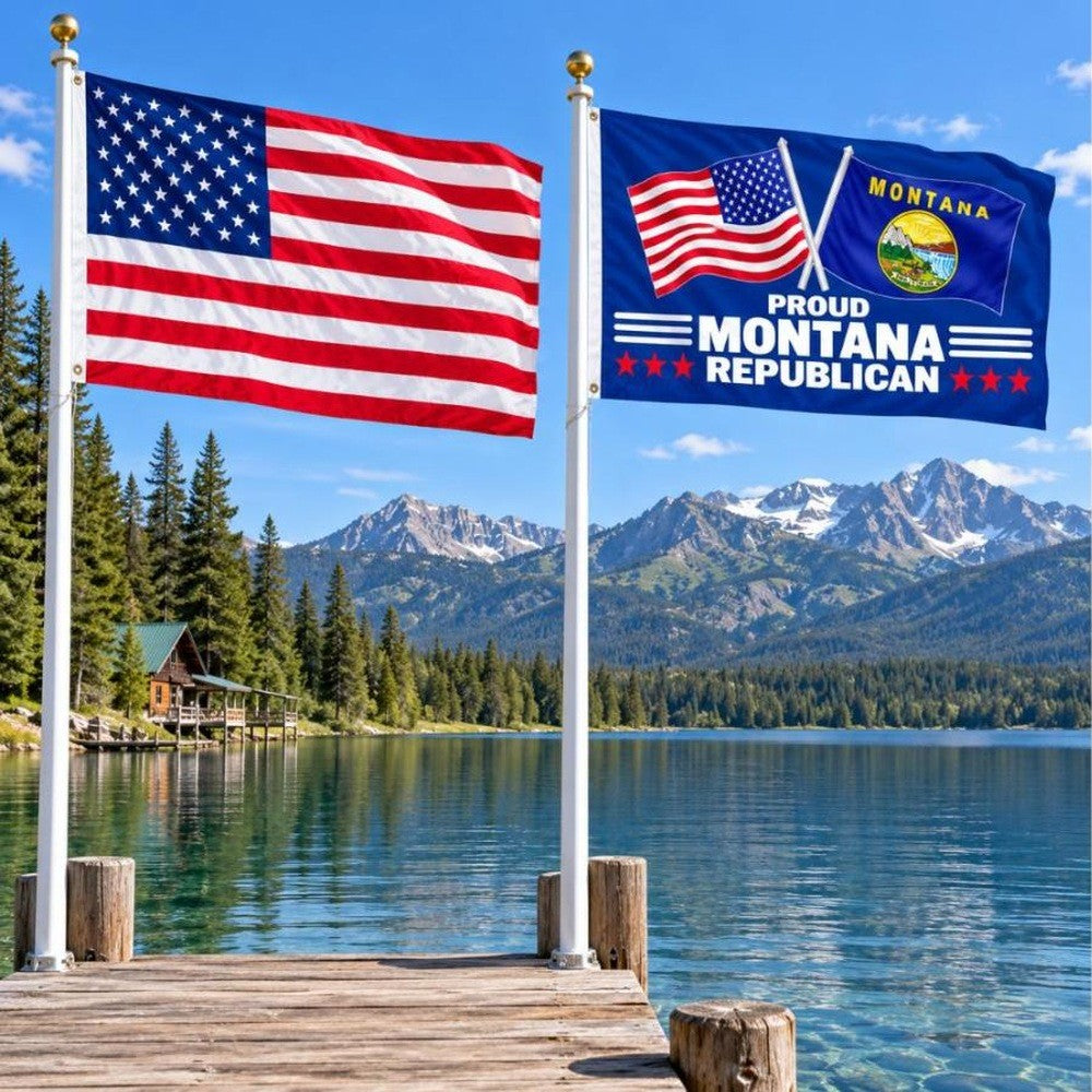 American flag and Proud Montana Republican flag flying side by side outdoors