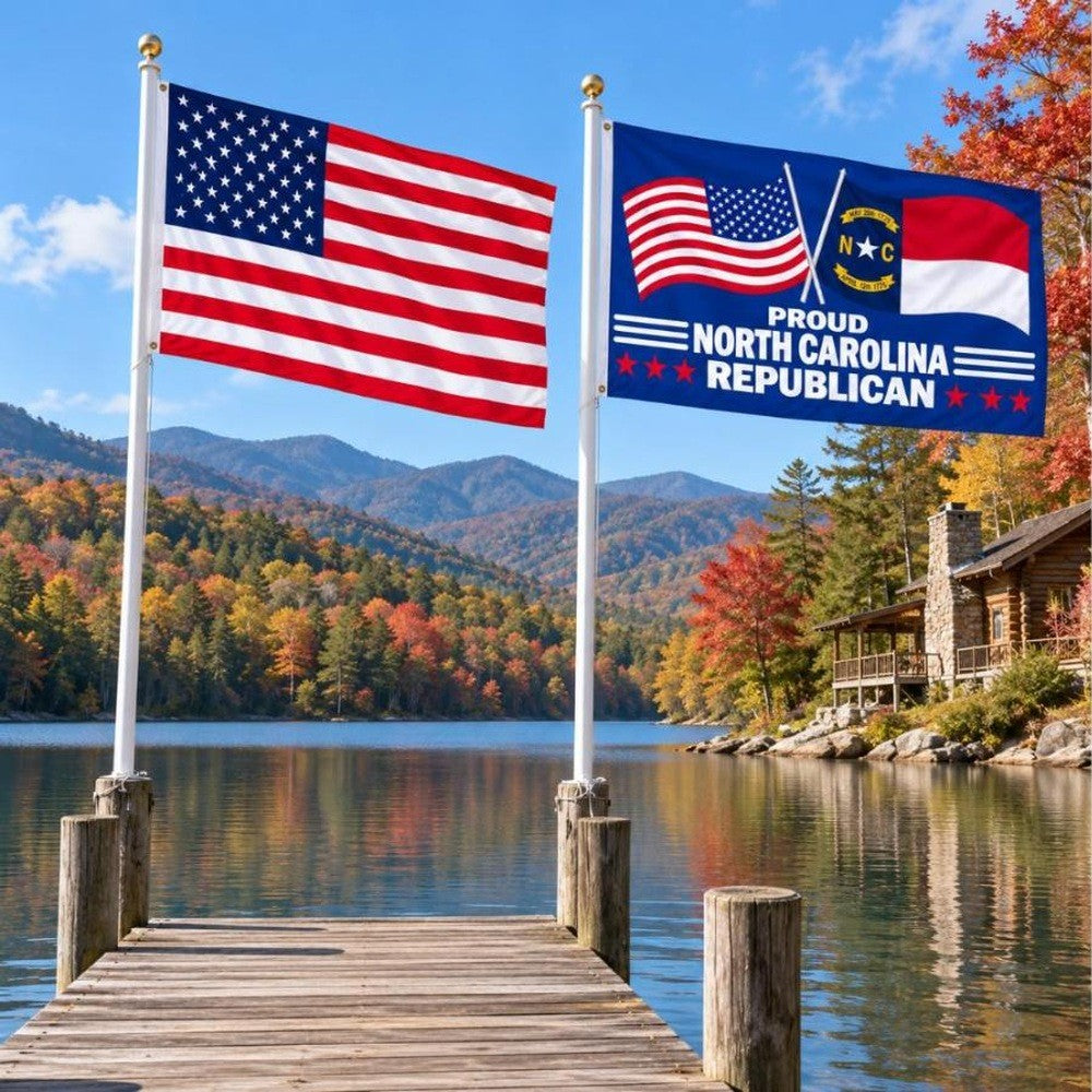 American flag and Proud North Carolina Republican flag flying side by side outdoors