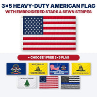 3x5 heavy-duty American flag with embroidered stars and sewn stripes plus choice of 1 free 3x5 flag – North Dakota