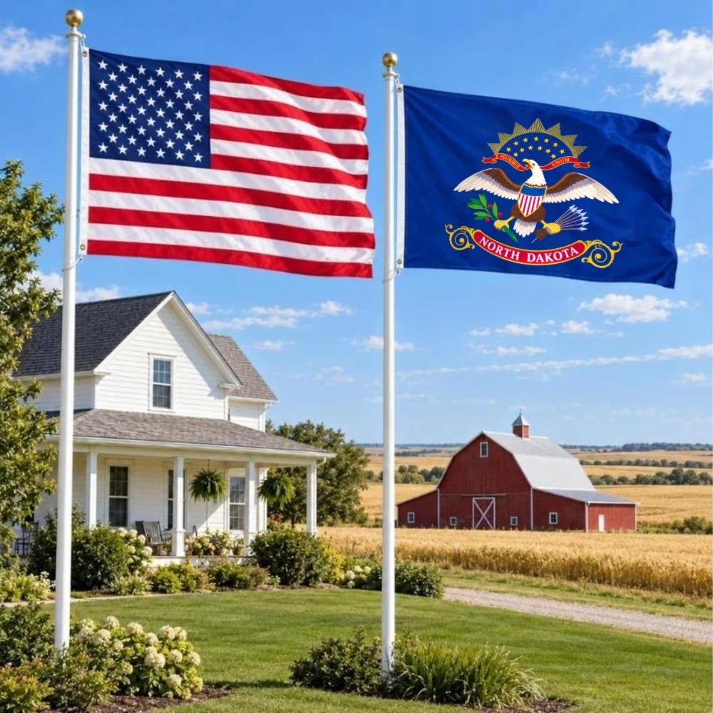 American flag and North Dakota State Flag flying side by side outdoors