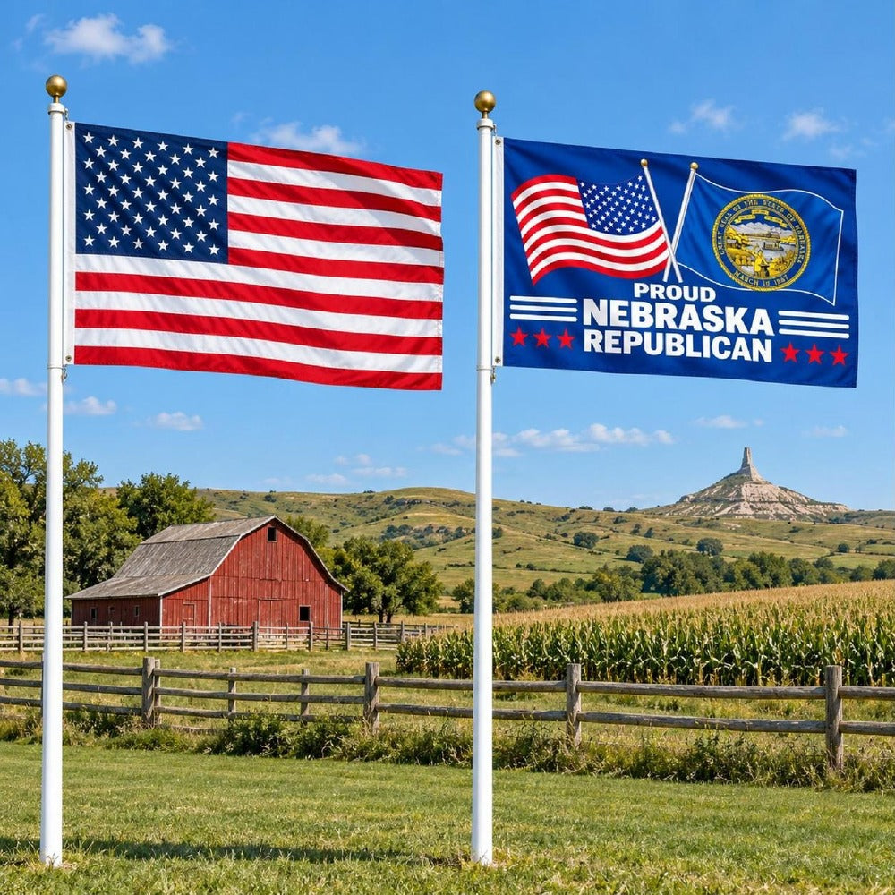 American flag and Proud Nebraska Republican flag flying side by side outdoors