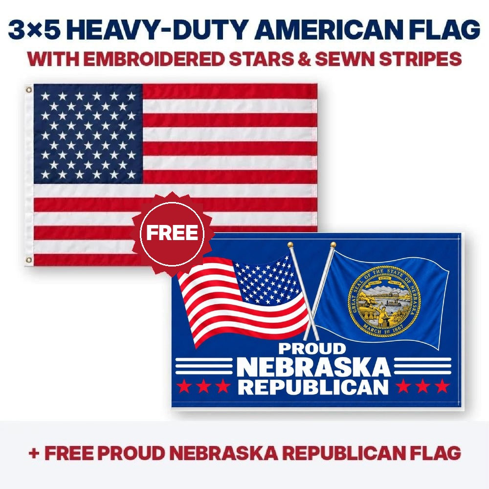 3x5 heavy-duty American flag plus FREE Proud Nebraska Republican flag