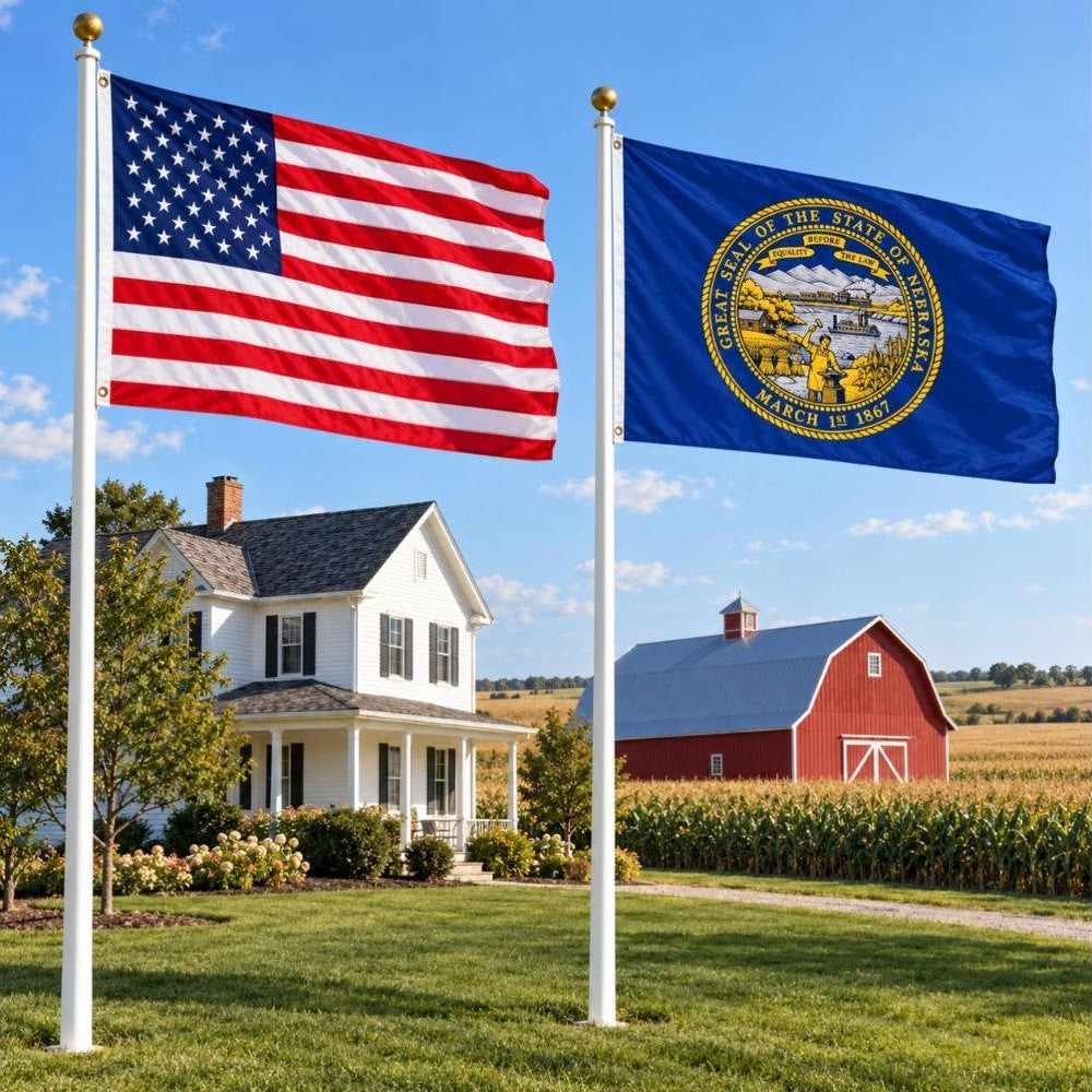 American flag and Nebraska State Flag flying side by side outdoors