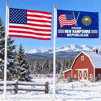 American flag and Proud New Hampshire Republican flag flying side by side outdoors