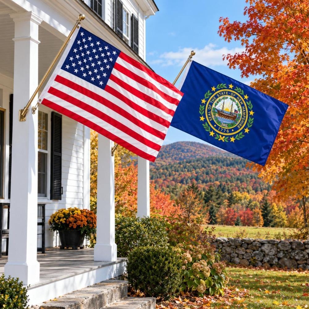 American flag and New Hampshire State Flag flying side by side outdoors