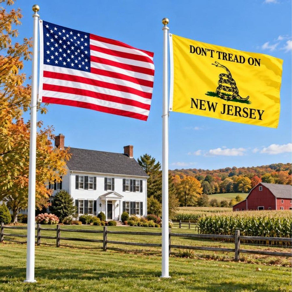 American flag and Don't Tread on New Jersey flag flying side by side outdoors