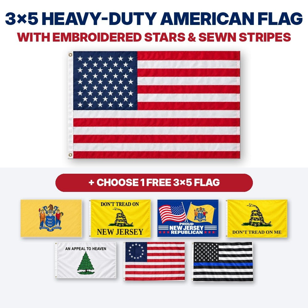 3x5 heavy-duty American flag with embroidered stars and sewn stripes plus choice of 1 free 3x5 flag – New Jersey