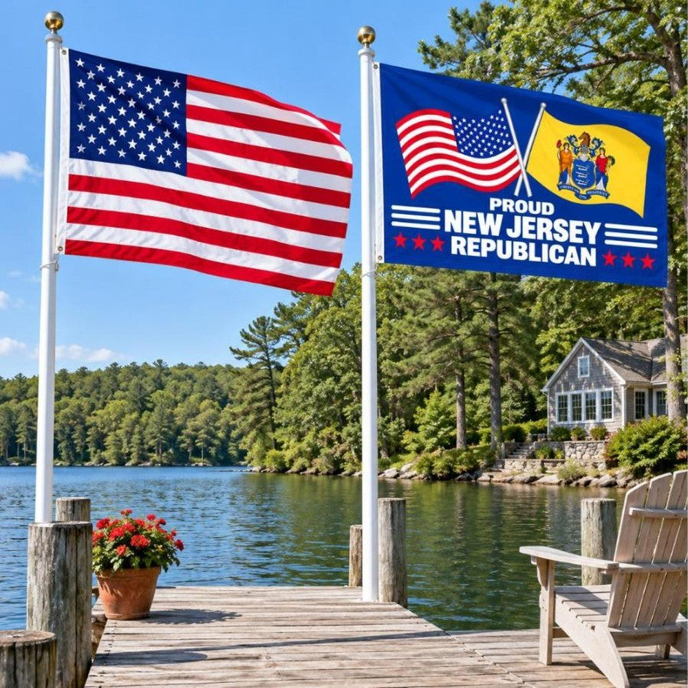 American flag and Proud New Jersey Republican flag flying side by side outdoors