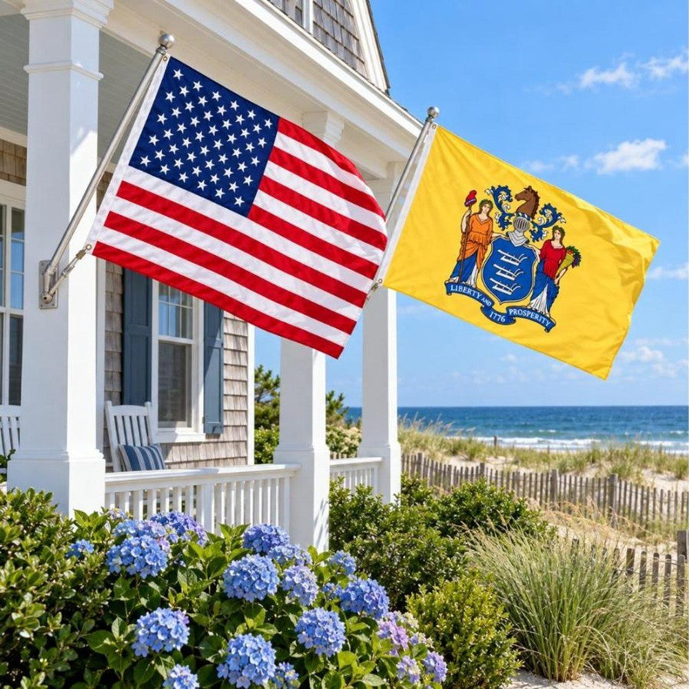American flag and New Jersey State Flag flying side by side outdoors