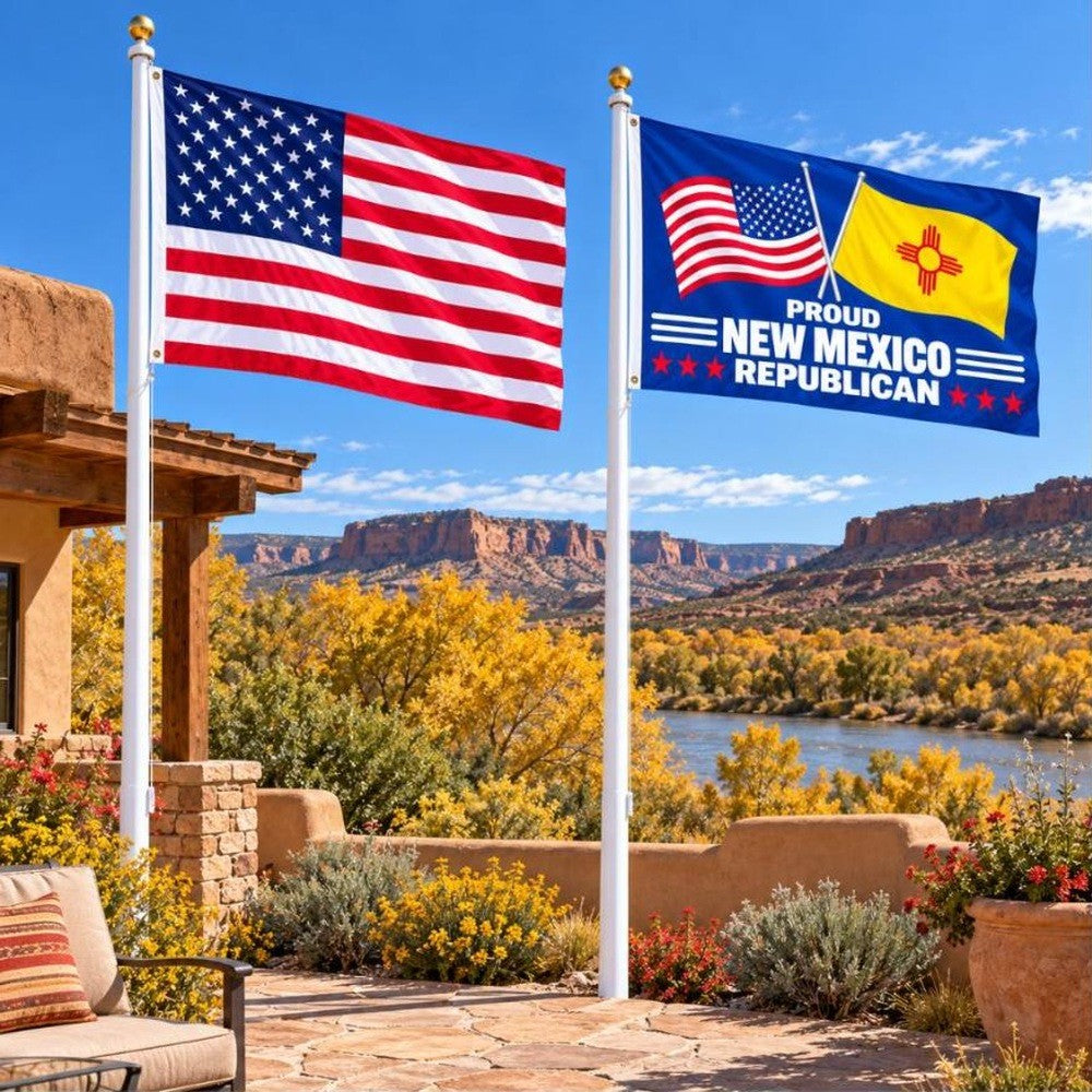 American flag and Proud New Mexico Republican flag flying side by side outdoors