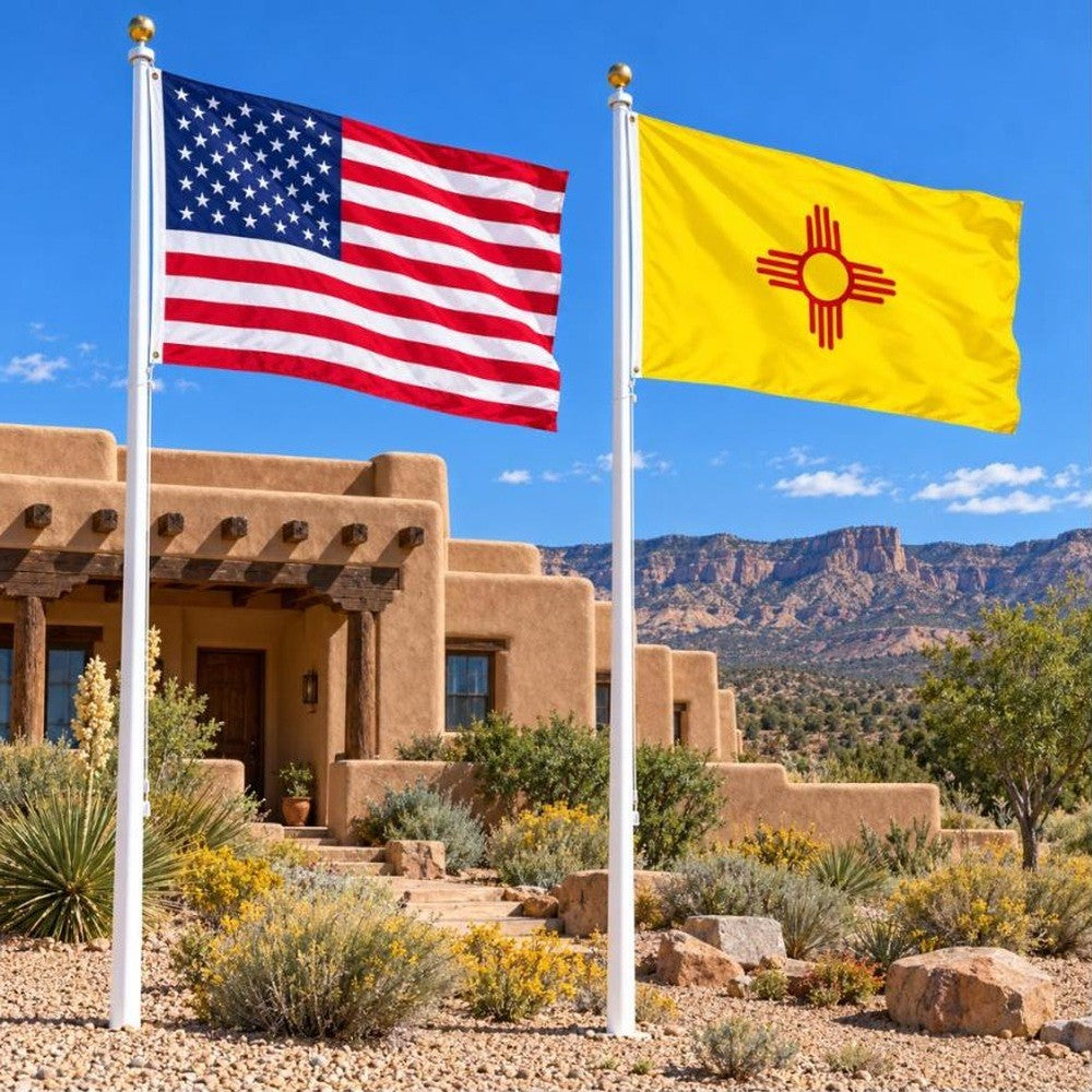 American flag and New Mexico State Flag flying side by side outdoors