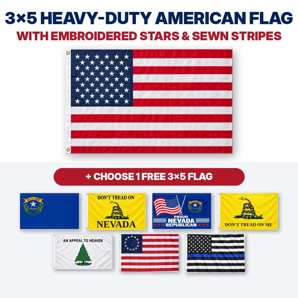 3x5 heavy-duty American flag with embroidered stars and sewn stripes plus choice of 1 free 3x5 flag – Nevada