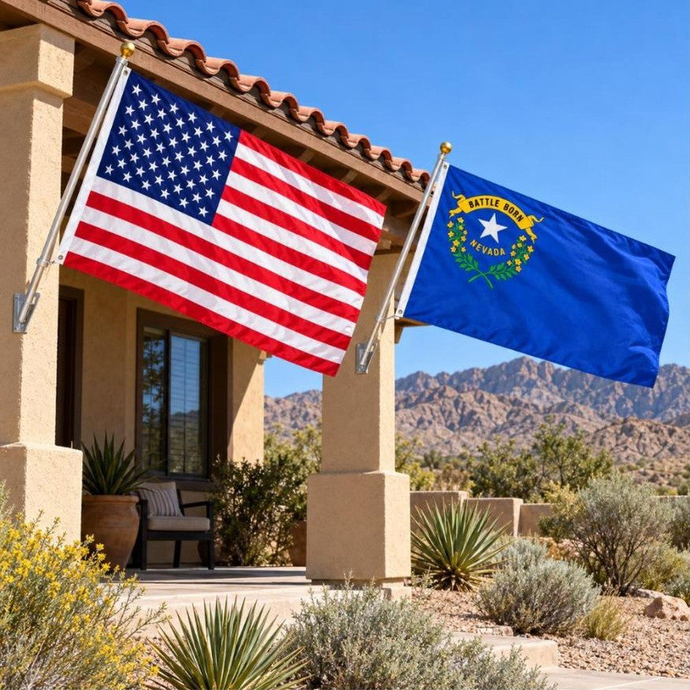 American flag and Nevada State Flag flying side by side outdoors