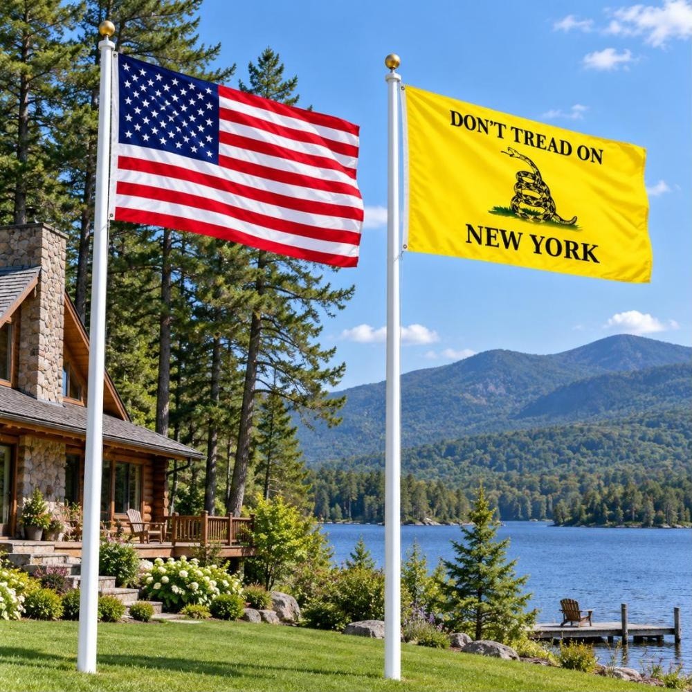 American flag and Don't Tread on New York flag flying side by side outdoors