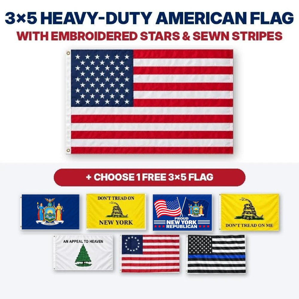 3x5 heavy-duty American flag with embroidered stars and sewn stripes plus choice of 1 free 3x5 flag – New York