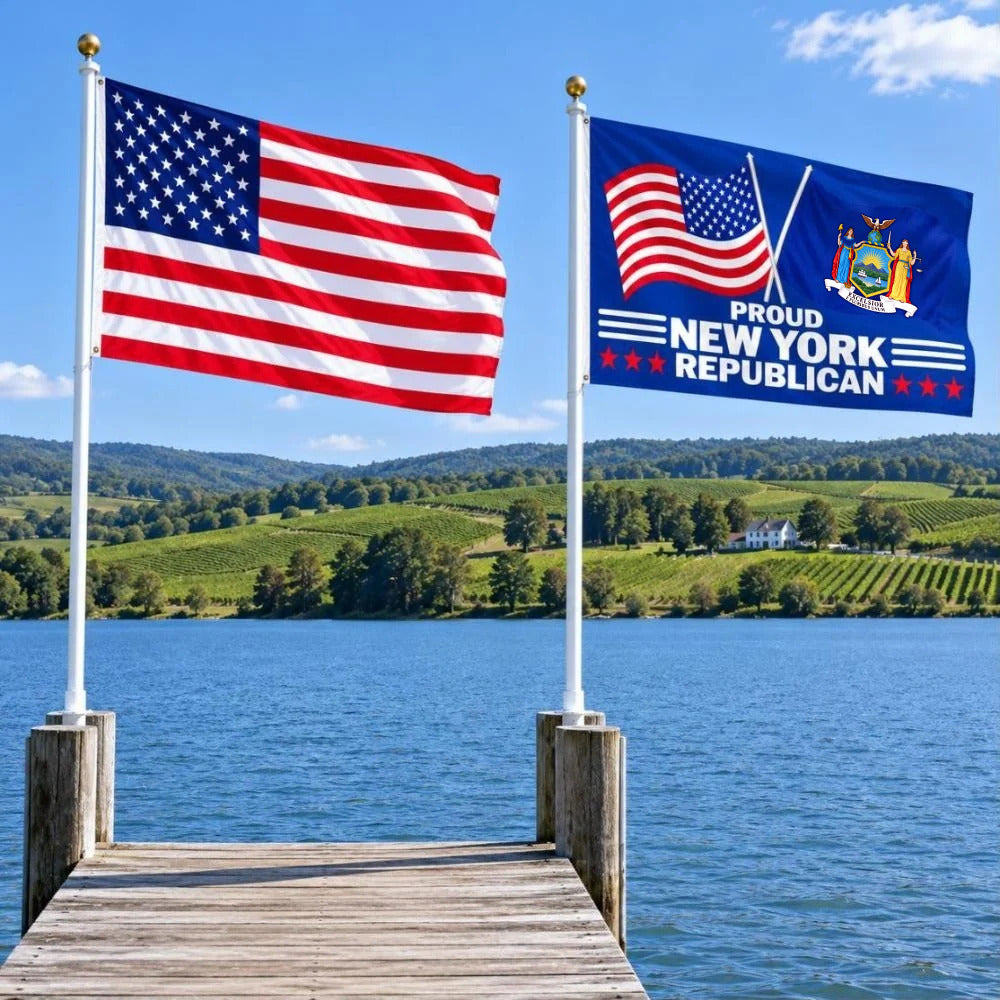 American flag and Proud New York Republican flag flying side by side outdoors