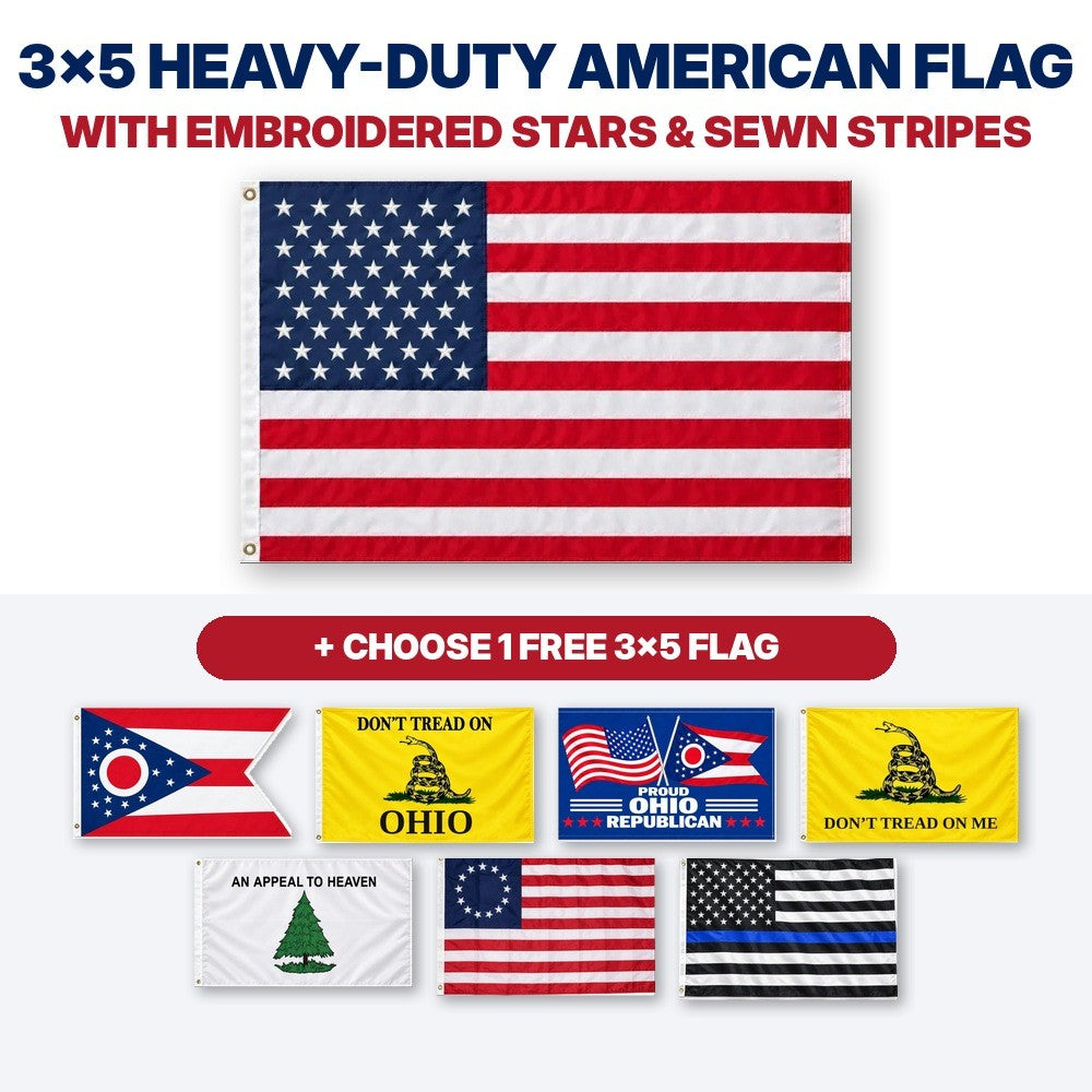 3x5 heavy-duty American flag with embroidered stars and sewn stripes plus choice of 1 free 3x5 flag – Ohio