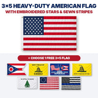 3x5 heavy-duty American flag with embroidered stars and sewn stripes plus choice of 1 free 3x5 flag – Ohio