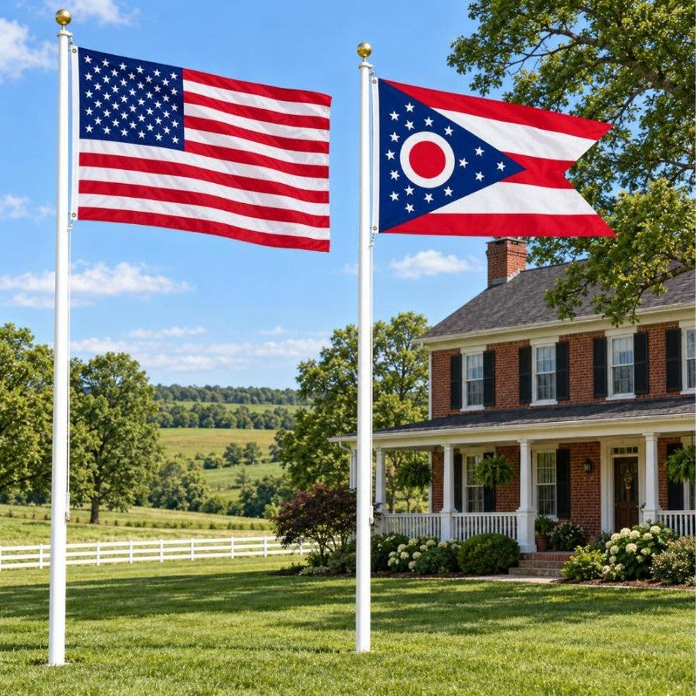 American flag and Ohio State Flag flying side by side outdoors