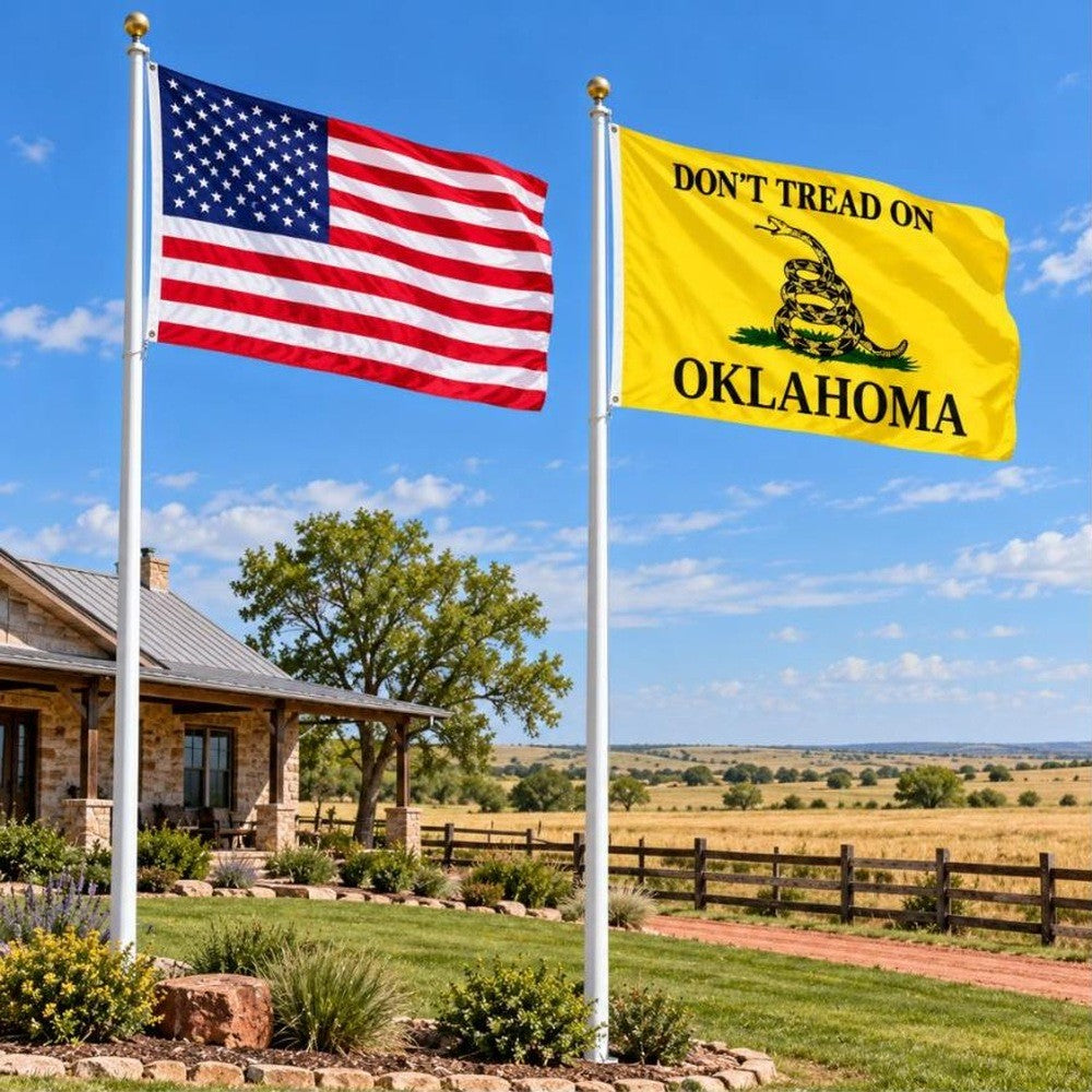 American flag and Don't Tread on Oklahoma flag flying side by side outdoors