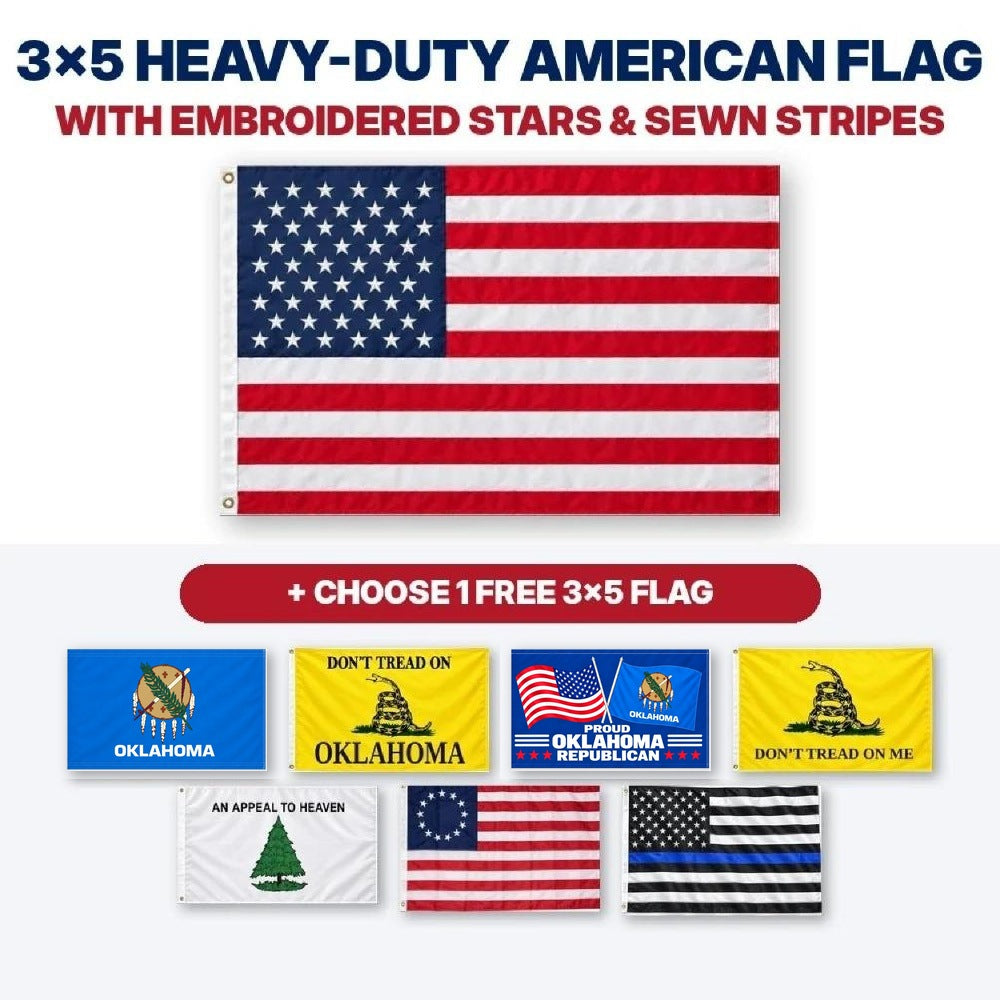 3x5 heavy-duty American flag with embroidered stars and sewn stripes plus choice of 1 free 3x5 flag – Oklahoma
