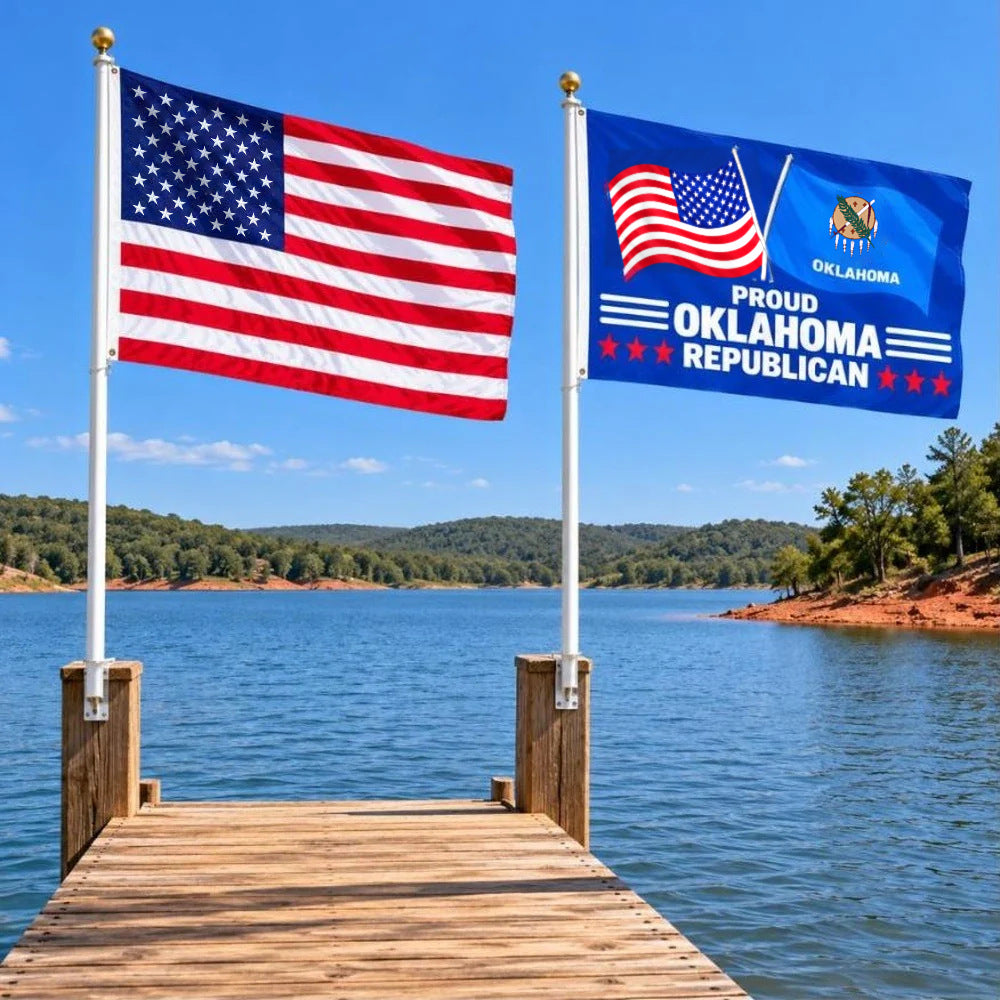 American flag and Proud Oklahoma Republican flag flying side by side outdoors