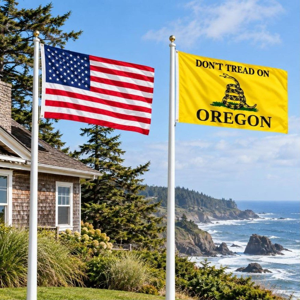 American flag and Don't Tread on Oregon flag flying side by side outdoors