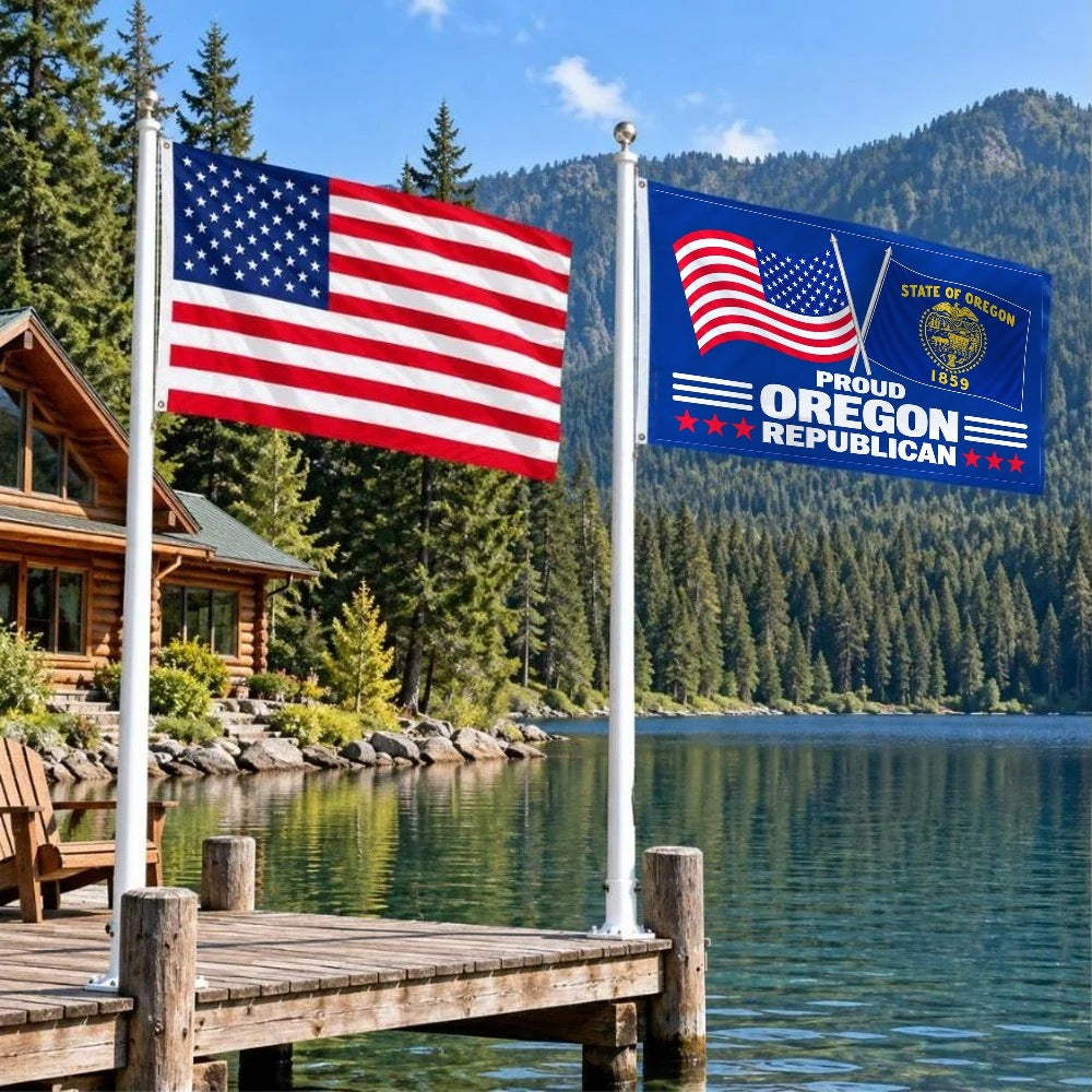American flag and Proud Oregon Republican flag flying side by side outdoors