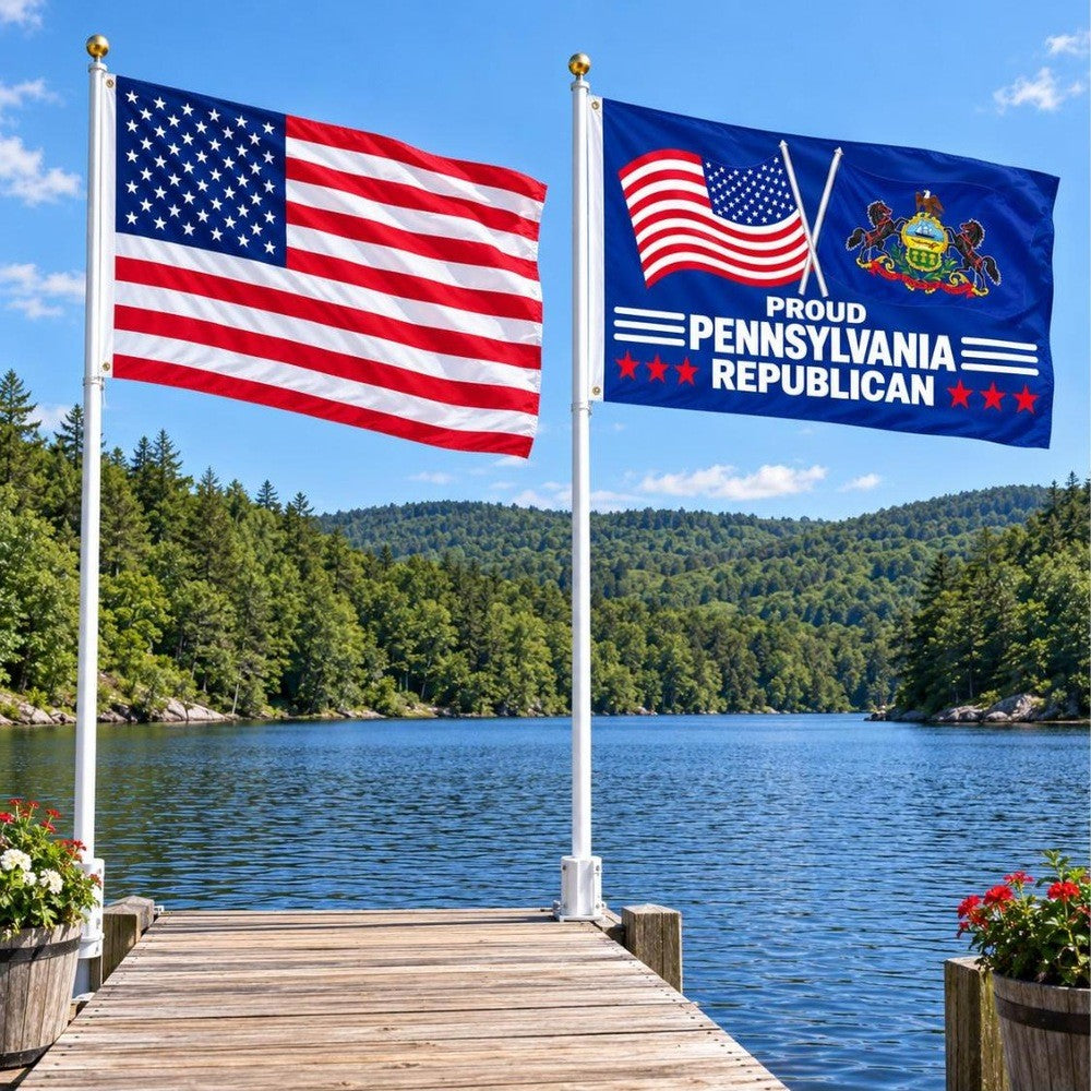 American flag and Proud Pennsylvania Republican flag flying side by side outdoors