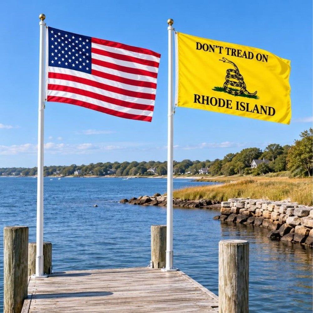 American flag and Don't Tread on Rhode Island flag flying side by side outdoors