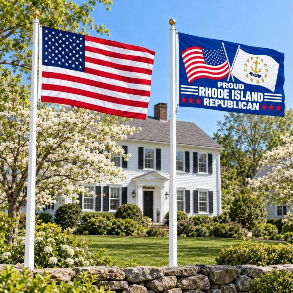 American flag and Proud Rhode Island Republican flag flying side by side outdoors