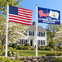 American flag and Proud Rhode Island Republican flag flying side by side outdoors