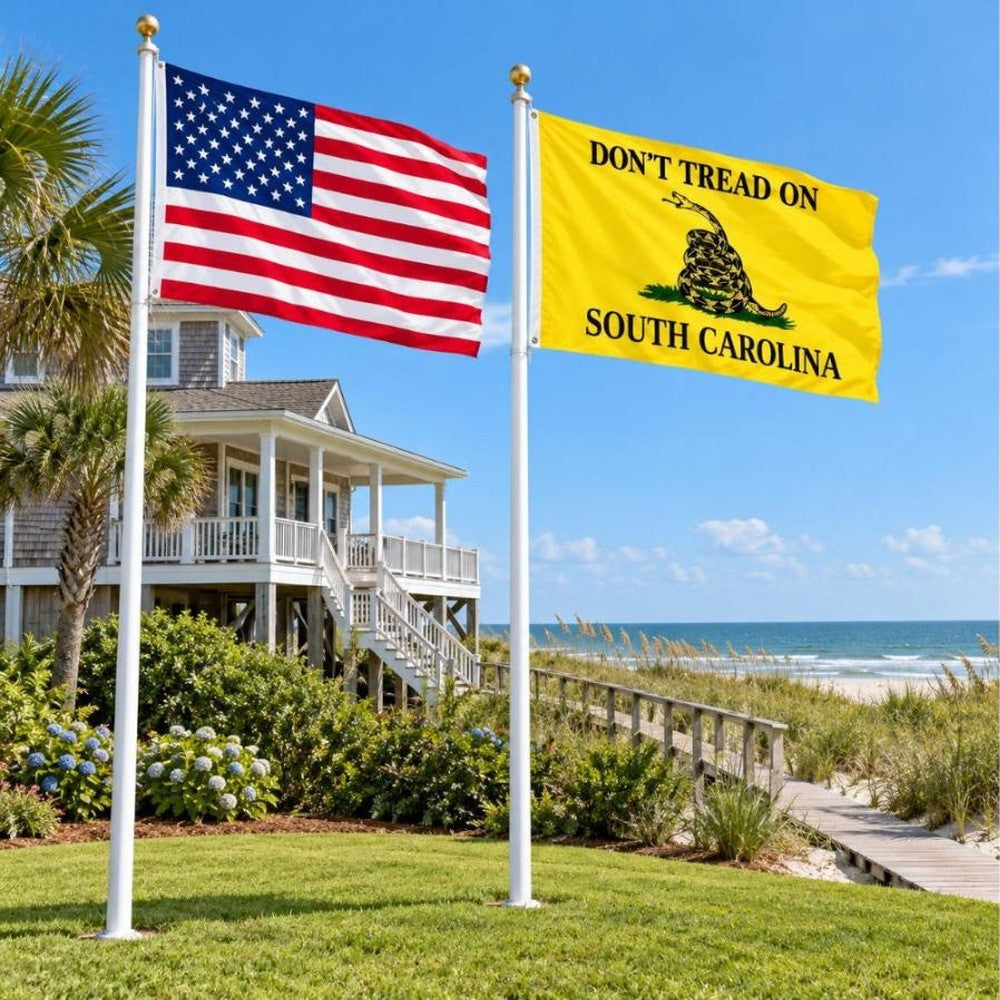 American flag and Don't Tread on South Carolina flag flying side by side outdoors