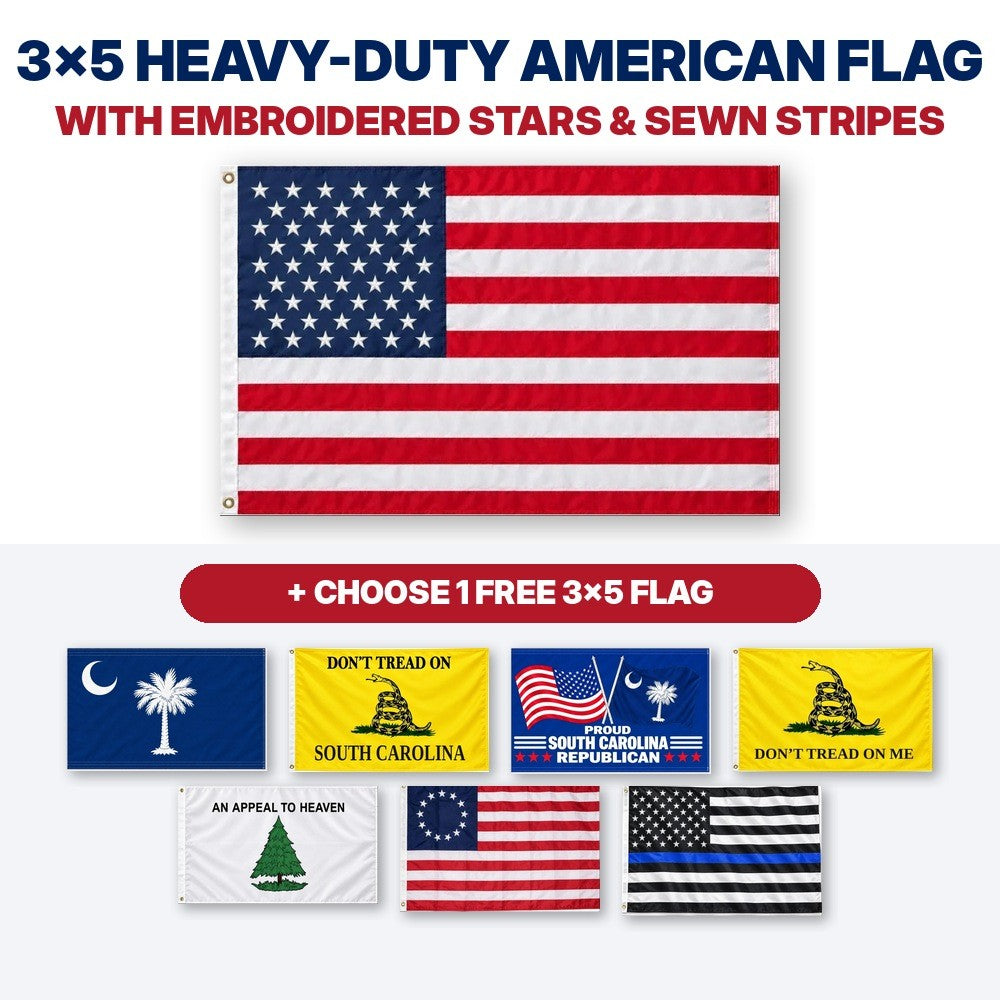 3x5 heavy-duty American flag with embroidered stars and sewn stripes plus choice of 1 free 3x5 flag – South Carolina