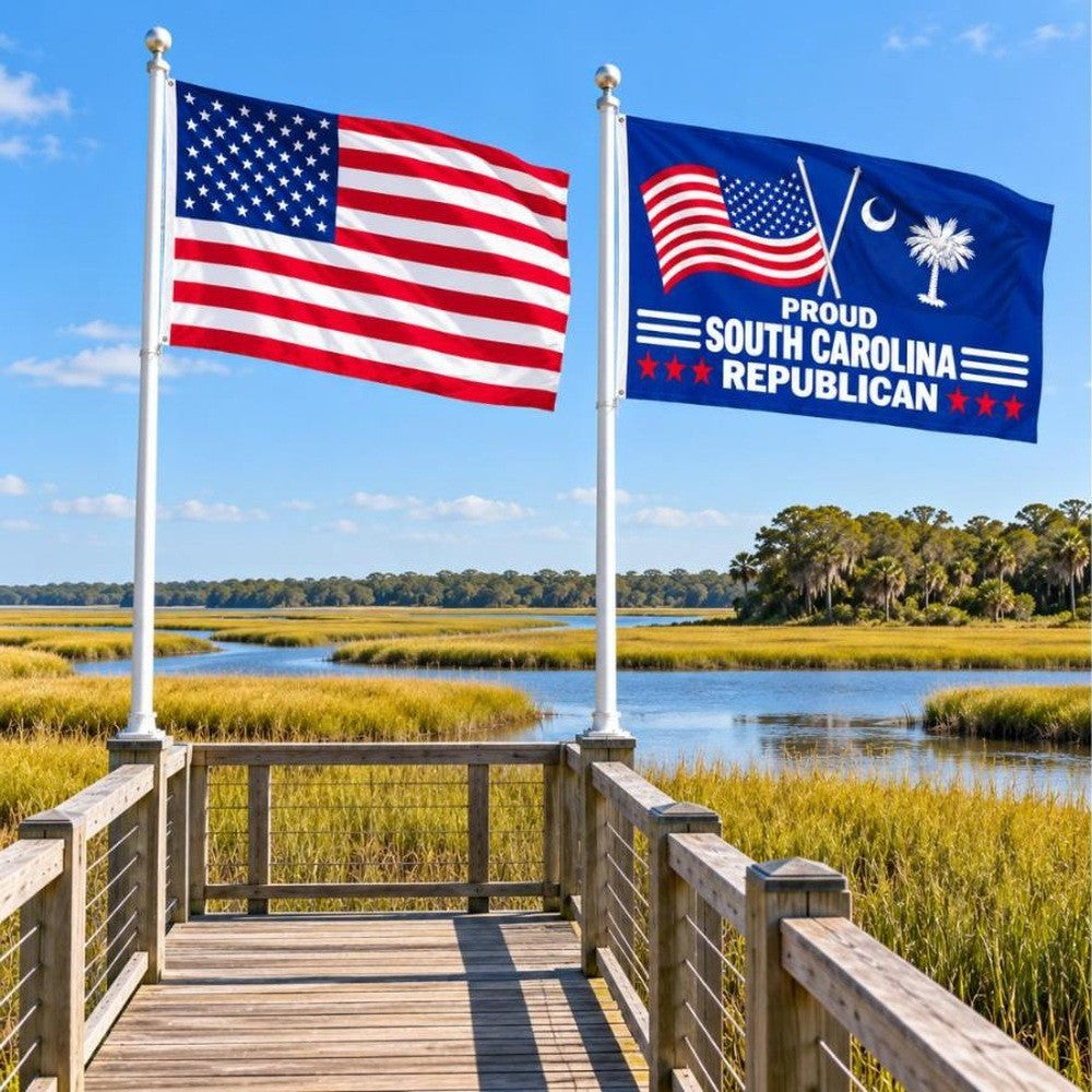 American flag and Proud South Carolina Republican flag flying side by side outdoors