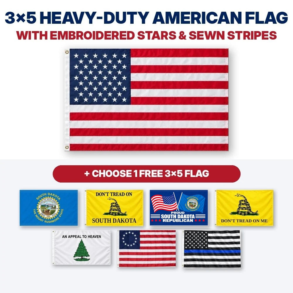 3x5 heavy-duty American flag with embroidered stars and sewn stripes plus choice of 1 free 3x5 flag – South Dakota