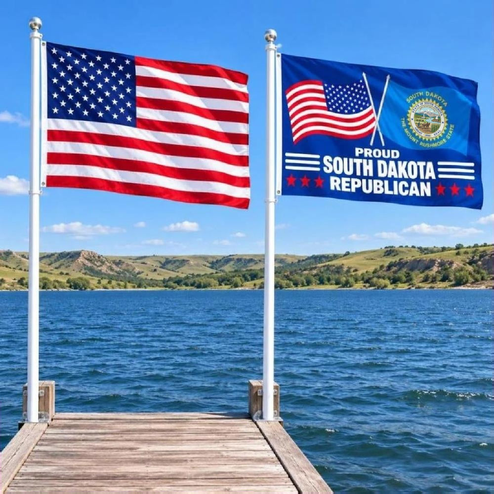 American flag and Proud South Dakota Republican flag flying side by side outdoors
