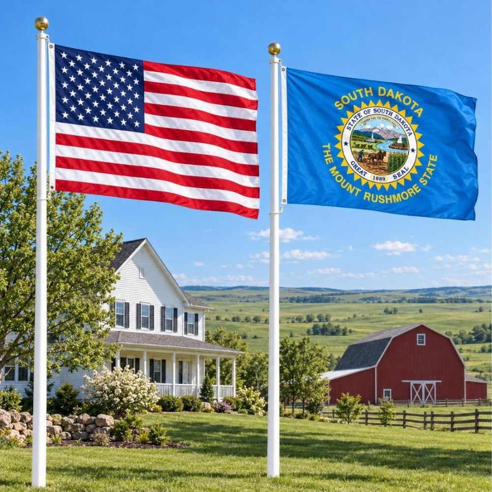 American flag and South Dakota State Flag flying side by side outdoors
