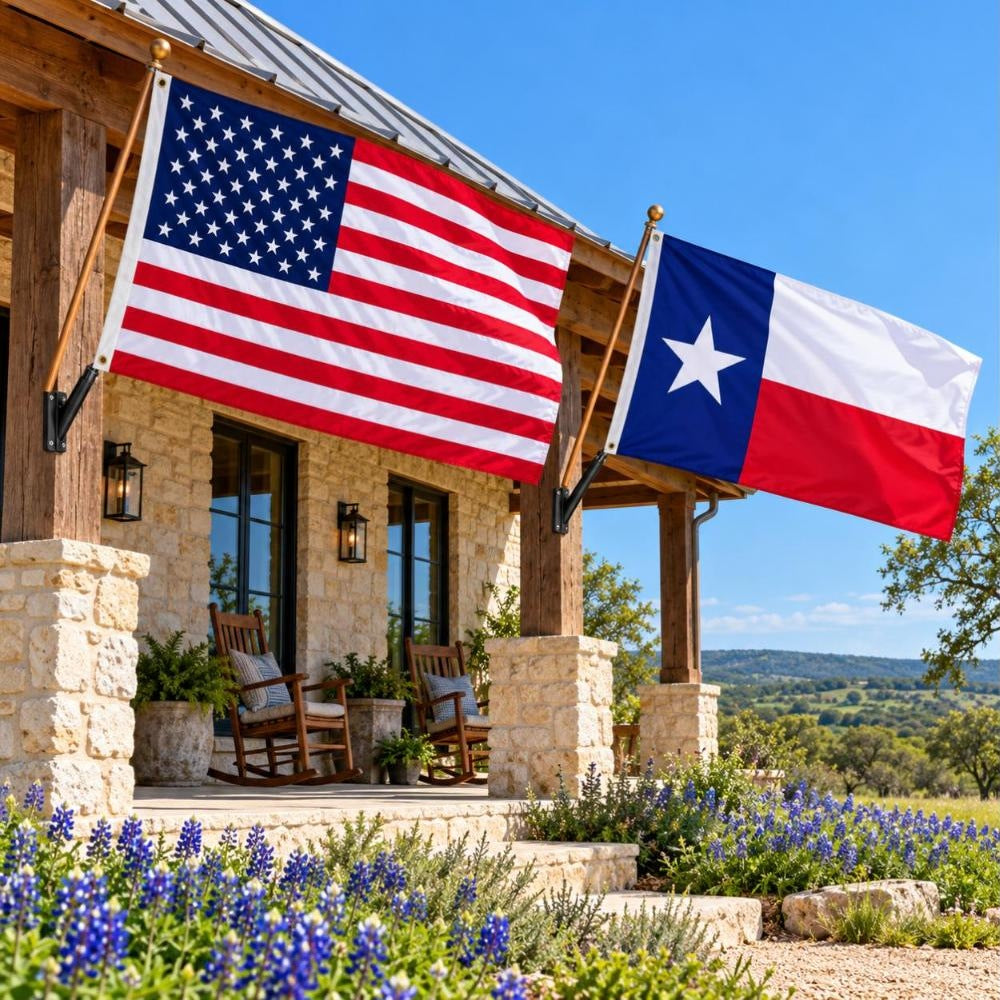 American flag and Texas State Flag flying side by side outdoors