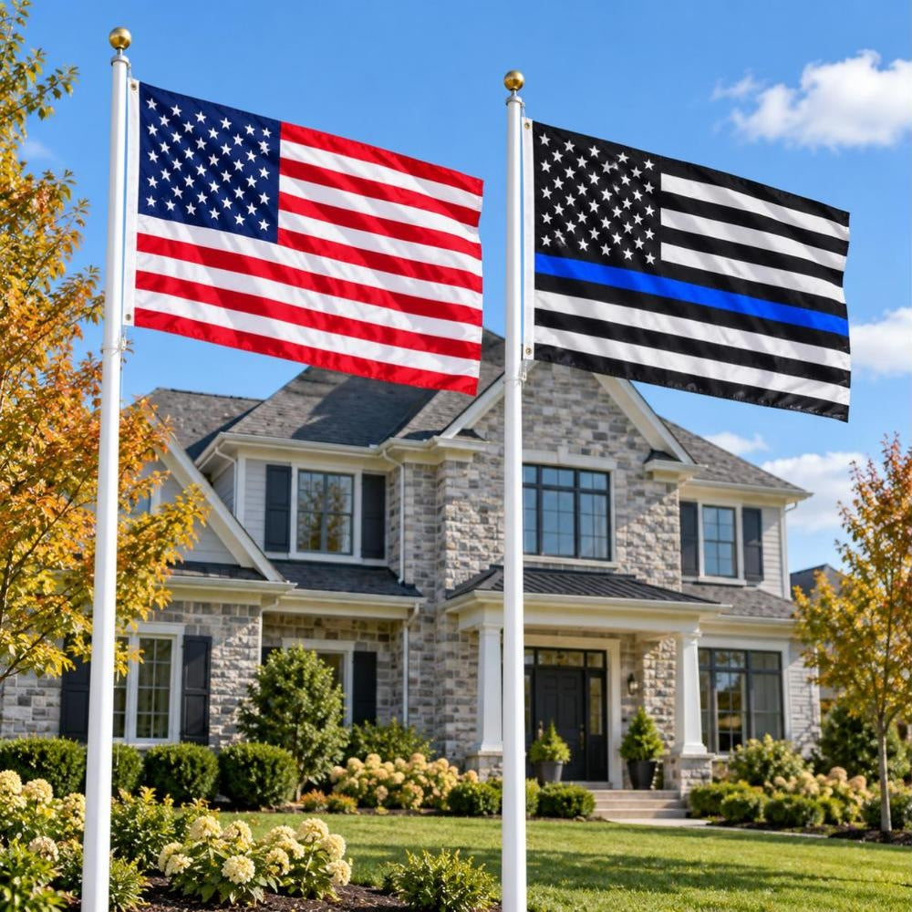American flag and Thin Blue Line flag flying side by side outdoors
