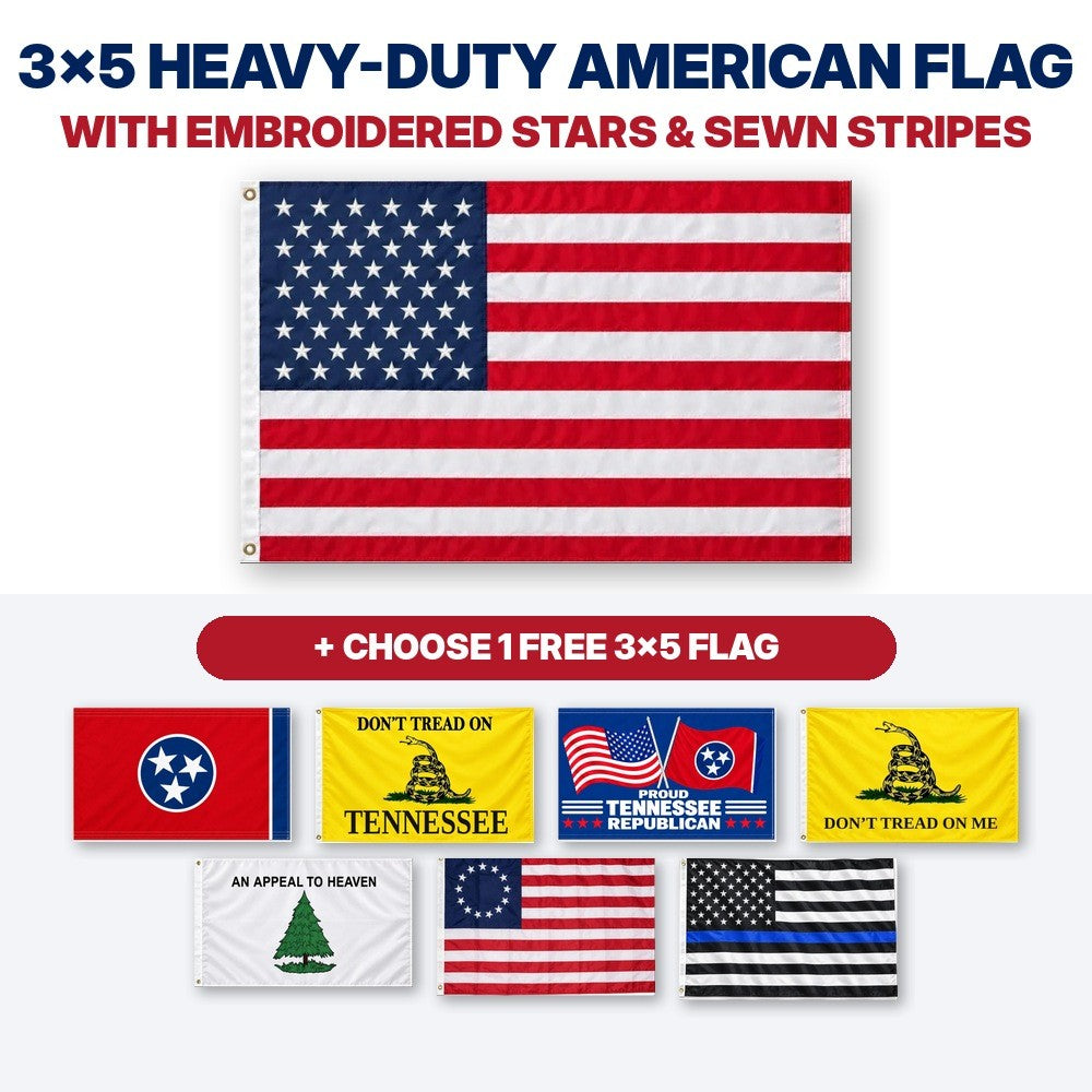 3x5 heavy-duty American flag with embroidered stars and sewn stripes plus choice of 1 free 3x5 flag – Tennessee