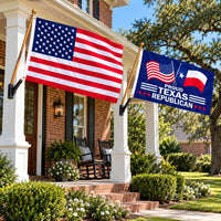 American flag and Proud Texas Republican flag flying side by side outdoors