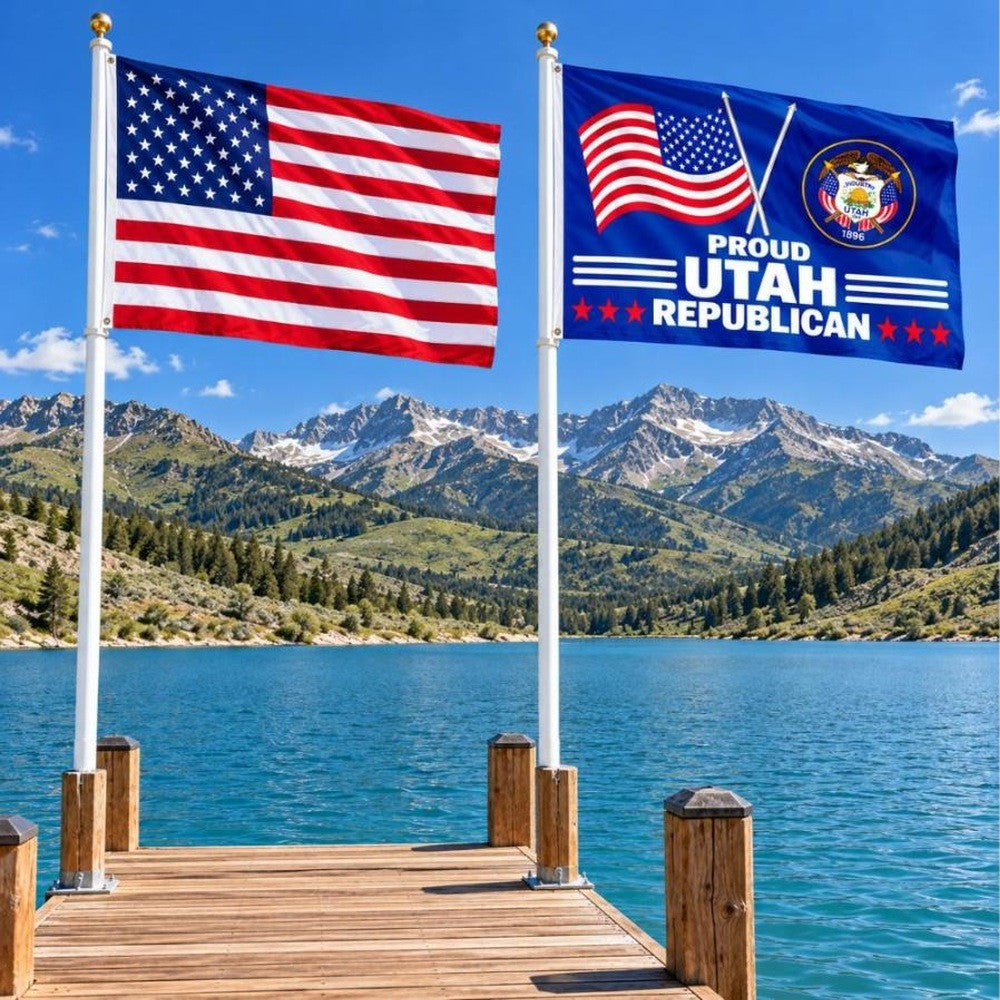 American flag and Proud Utah Republican flag flying side by side outdoors