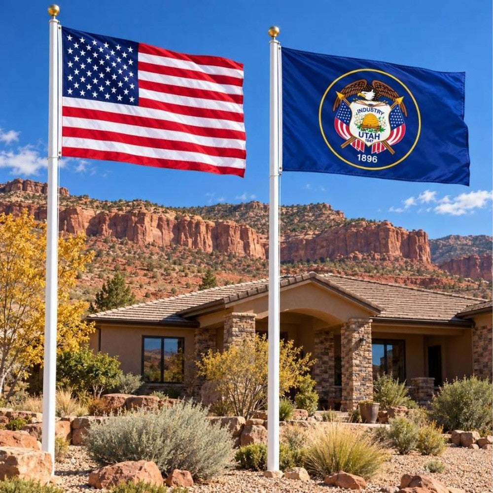 American flag and Utah Historic State Flag flying side by side outdoors
