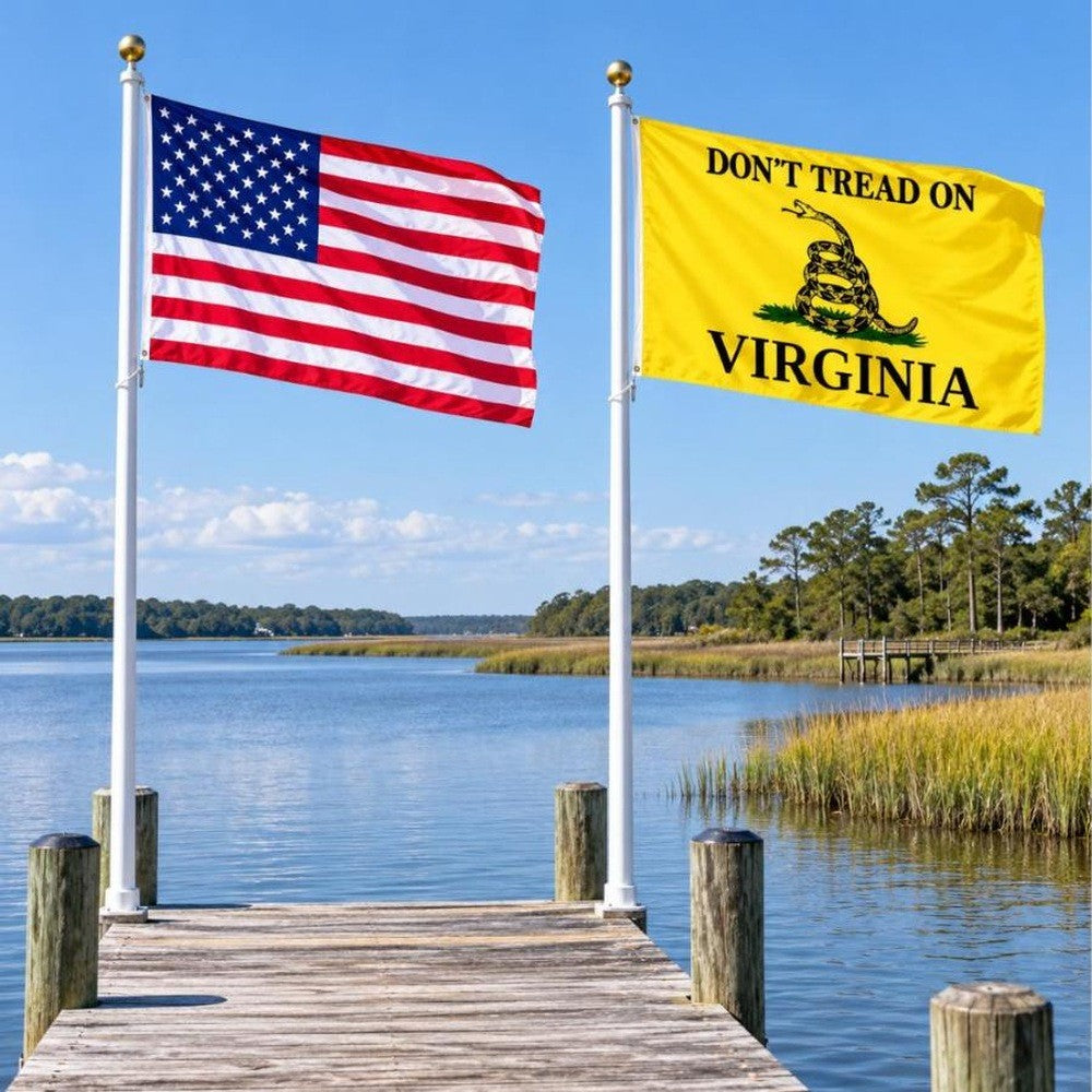American flag and Don't Tread on Virginia flag flying side by side outdoors